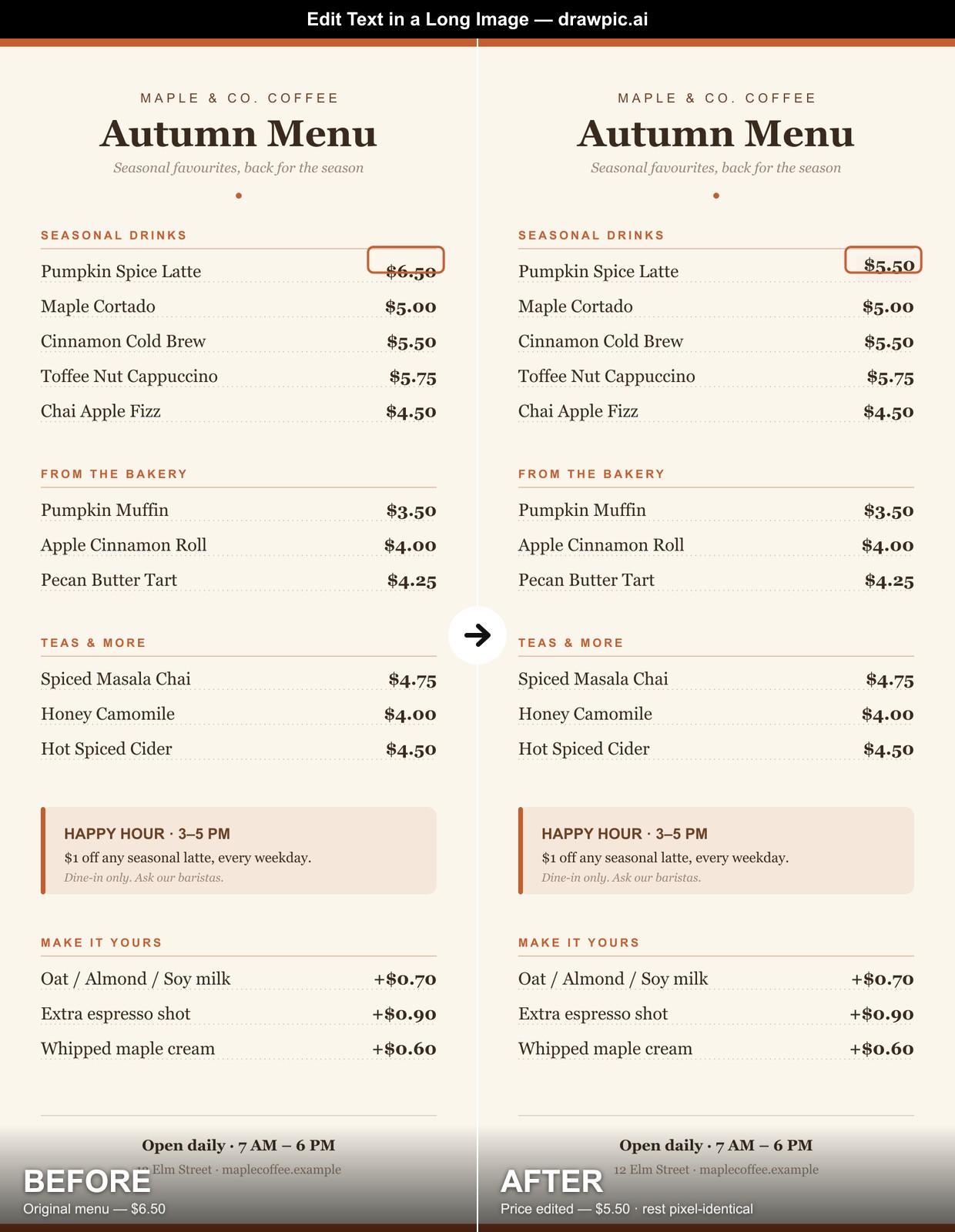 Edit Text in Image - Long menu (tall image): one price changed $6.50 → $5.50, the rest pixel-identical — no height limit